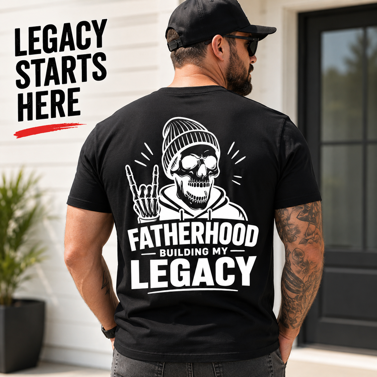 Fatherhood Building My Legacy graphic T-shirt lifestyle mockup with rugged skull dad artwork, designed as a meaningful gift for proud fathers.