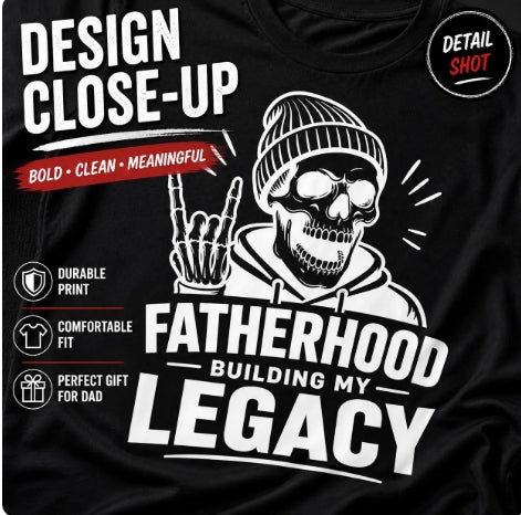Black Fatherhood Building My Legacy T-shirt lifestyle mockup with bold skull dad graphic, made for proud dads, husbands, and Father’s Day gifts.