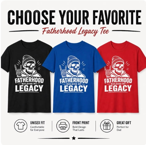 Fatherhood Building My Legacy T-shirt color lineup in black, royal blue, and red, showing rugged dad graphic options for proud father gifts.