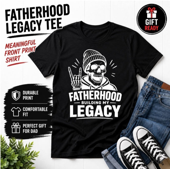 Fatherhood Building My Legacy T-shirt styled with jeans and sneakers, featuring a rugged skull dad graphic for casual proud dad outfits.