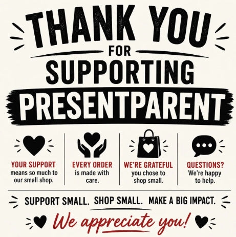 PresentParent thank you card image for Fatherhood Legacy T-shirt shoppers, highlighting small business support and dad apparel gifts.
