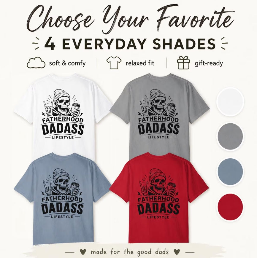 Blue Jean Fatherhood Dad-Ass Lifestyle T-shirt lifestyle mockup with black skeleton dad back print, styled as a funny casual tee for dads.