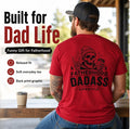 White Fatherhood Dad-Ass Lifestyle T-shirt lifestyle mockup with black skeleton dad back print, shown as a funny graphic tee for proud dads.