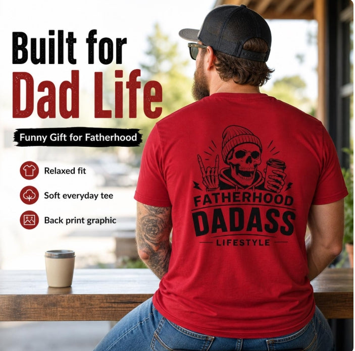 White Fatherhood Dad-Ass Lifestyle T-shirt lifestyle mockup with black skeleton dad back print, shown as a funny graphic tee for proud dads.
