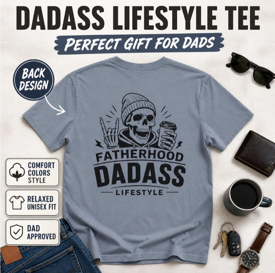 Red Fatherhood Dad-Ass Lifestyle T-shirt mockup with black skeleton dad back print, made for funny dad gifts and everyday casual wear.