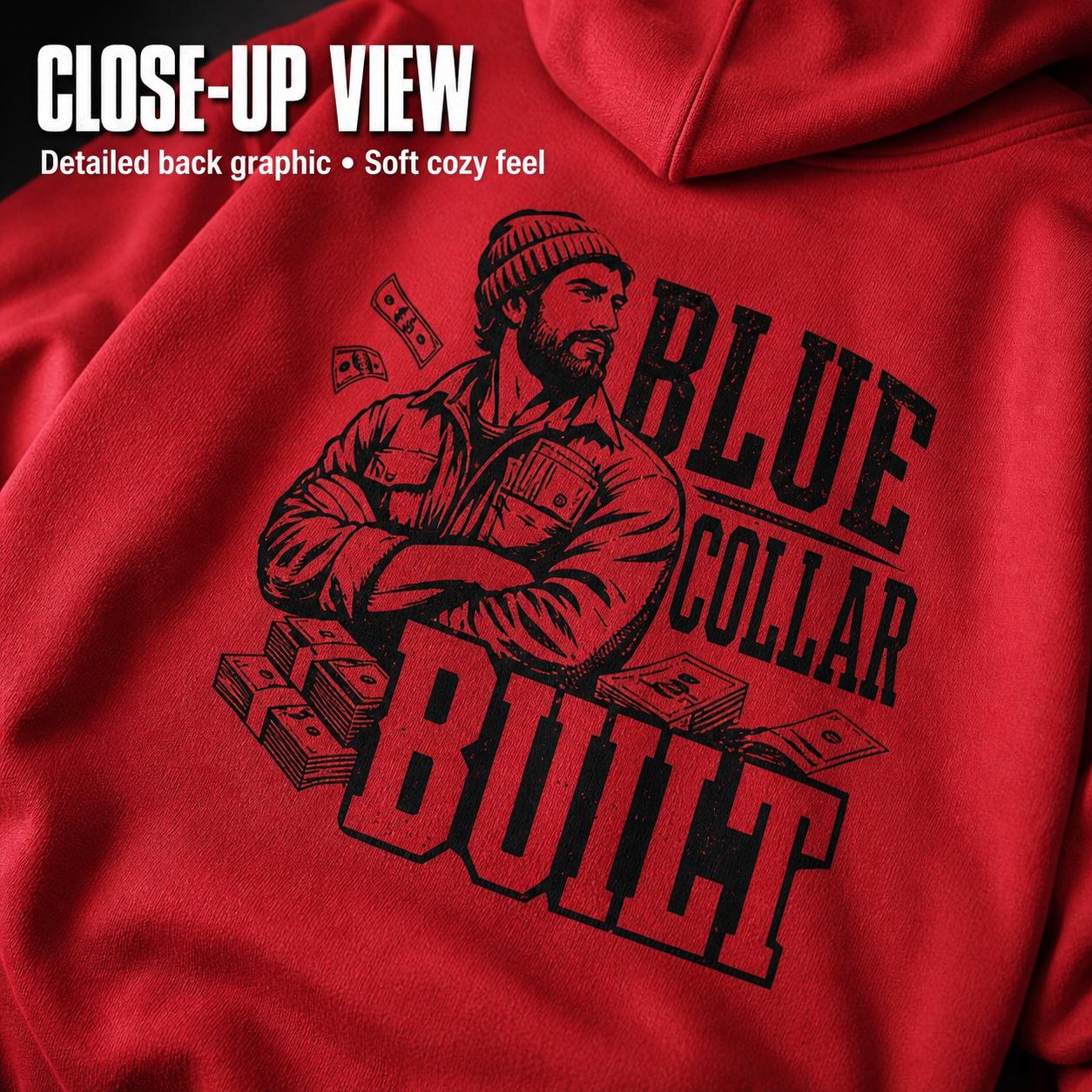 White Blue Collar Dad hoodie product mockup with rugged back print design for hardworking fathers, builders, and blue collar gift ideas.
