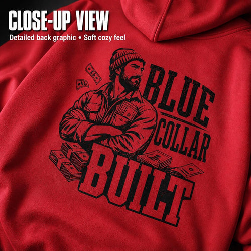 White Blue Collar Dad Hoodie product mockup with bold workwear back graphic