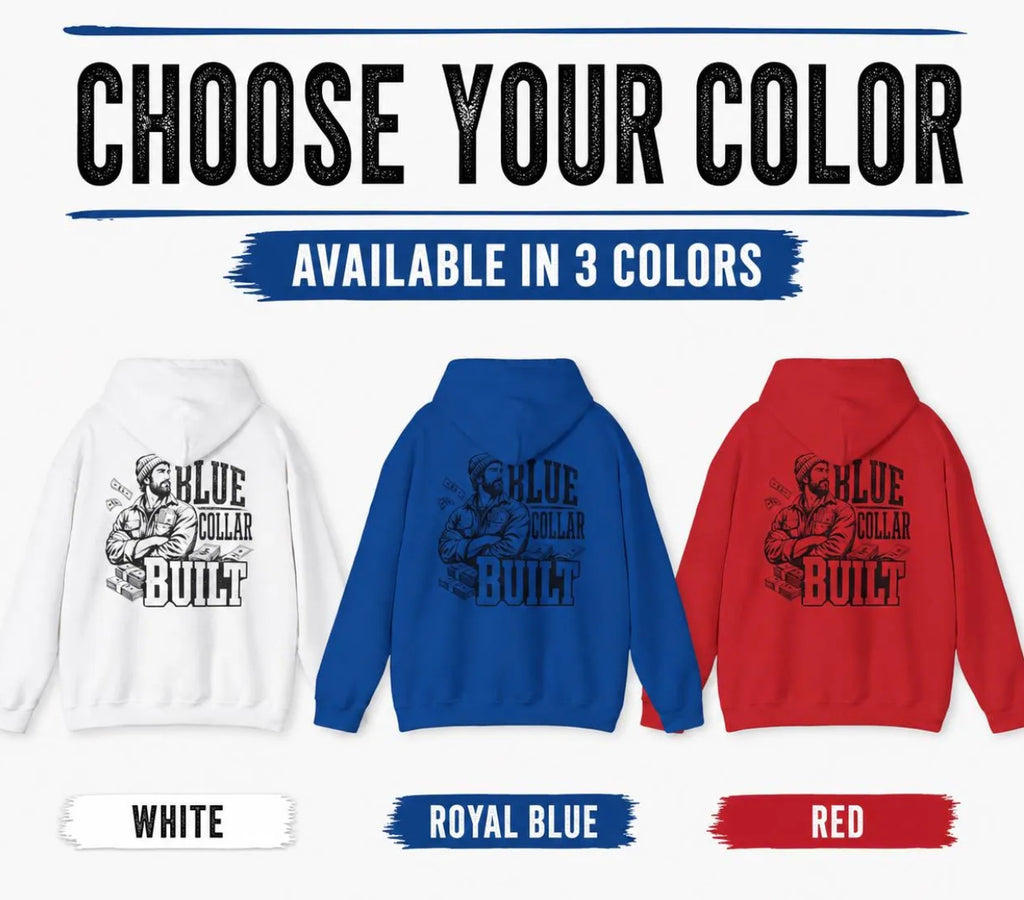Royal blue Blue Collar Dad hoodie product image with bold back print design, made for hardworking fathers, builders, and workwear style gifts.