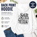 Royal blue Blue Collar Dad hoodie lifestyle mockup with bold back print design, made for hardworking dads, tradesmen, and Father’s Day gifts.