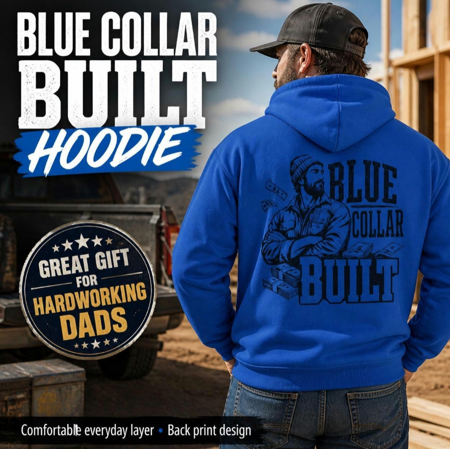 Red Blue Collar Dad hoodie product image with bold back print workwear design for dads who build, fix, and show up every day.