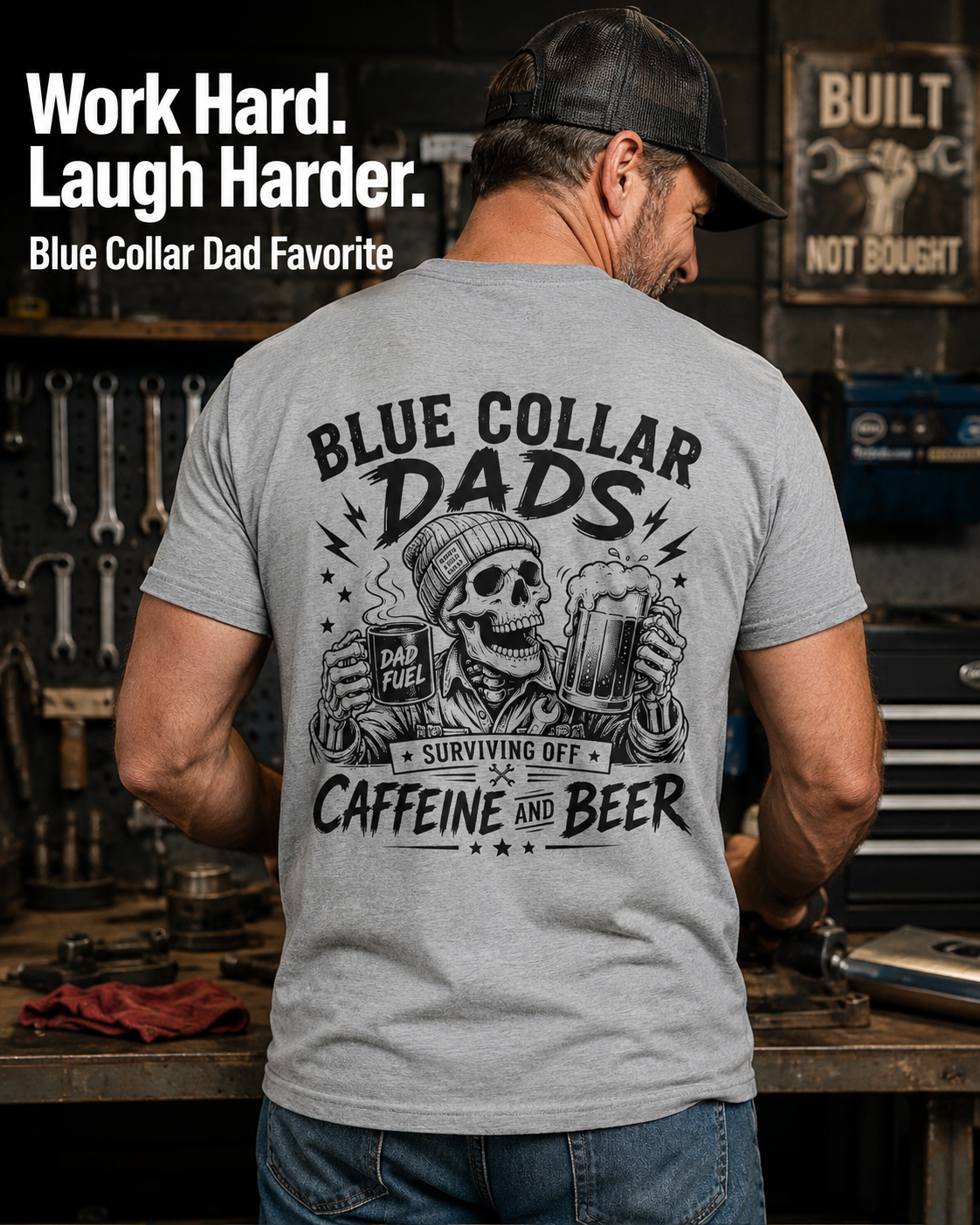 Red Blue Collar Dad T-shirt mockup with large back print reading Surviving Off Caffeine and Beer, designed for hardworking dads and tradesmen.