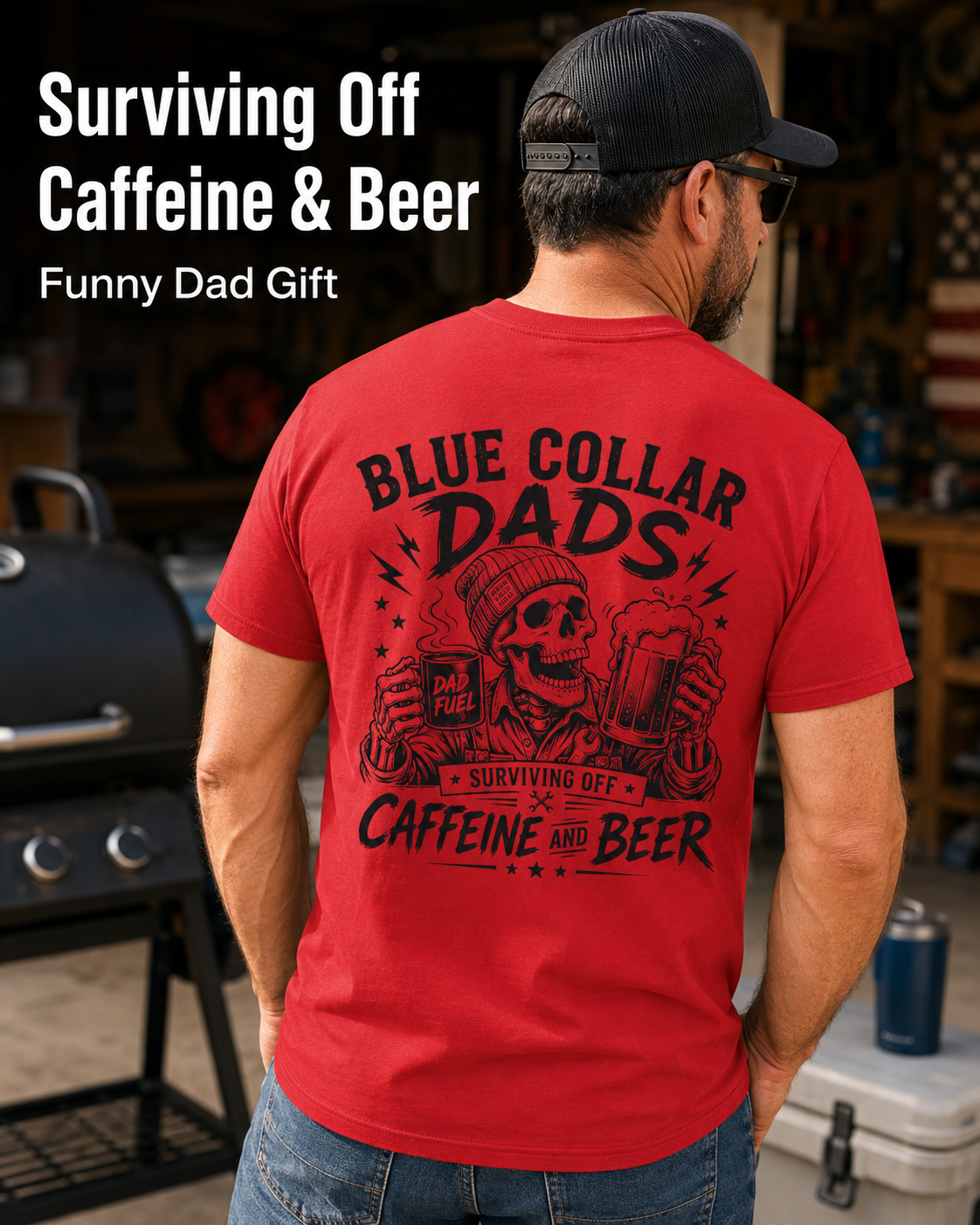 Sport grey Blue Collar Dad T-shirt product mockup with Surviving Off Caffeine and Beer back print, made for blue collar dads and funny Father’s Day gifts.