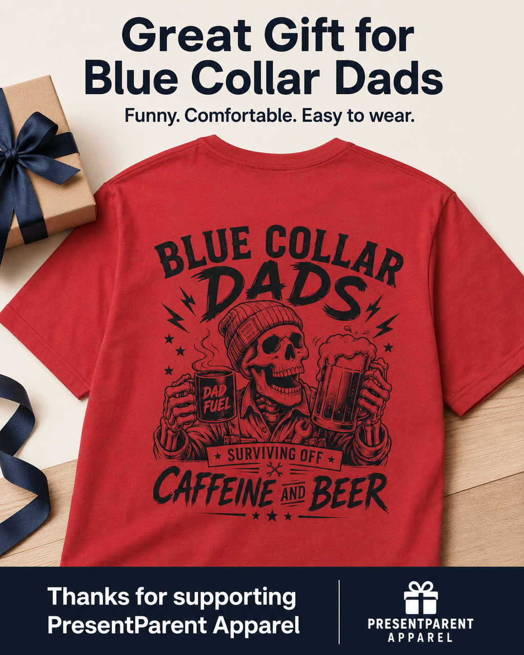 Red Blue Collar Dad graphic T-shirt product image with front chest badge and matching workwear dad design for casual everyday wear.