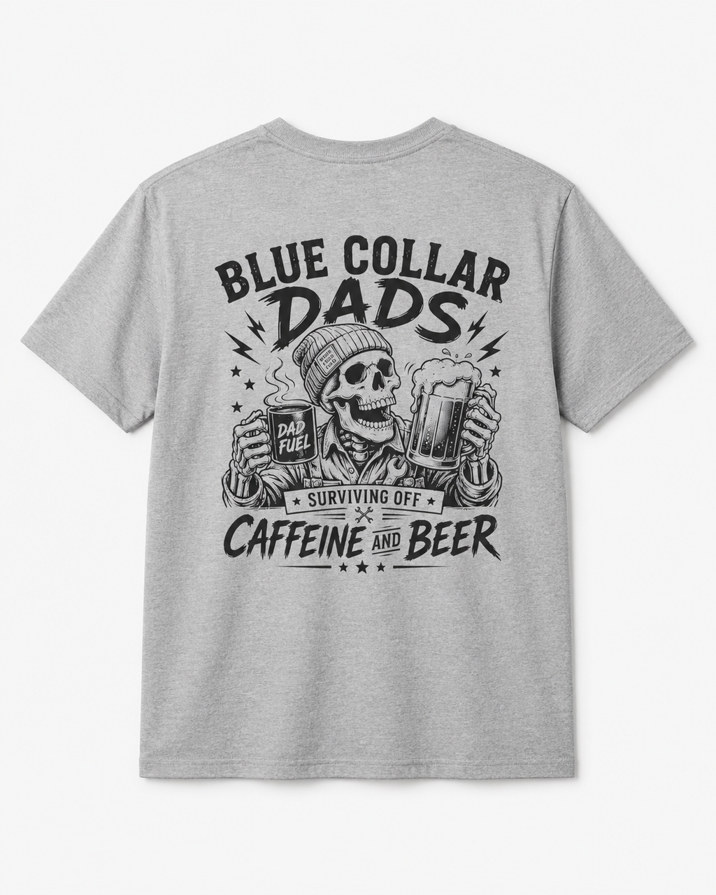 Royal blue Blue Collar Dad graphic T-shirt product image with front chest badge, matching the Surviving Off Caffeine and Beer workwear back design.