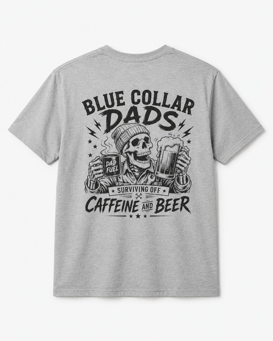 Royal blue Blue Collar Dad graphic T-shirt product image with front chest badge, matching the Surviving Off Caffeine and Beer workwear back design.