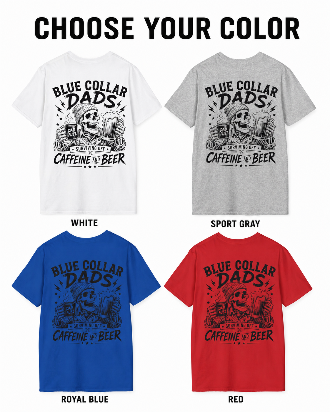 Sport grey Blue Collar Dad graphic T-shirt product image with front chest badge and matching caffeine and beer themed dad workwear design.