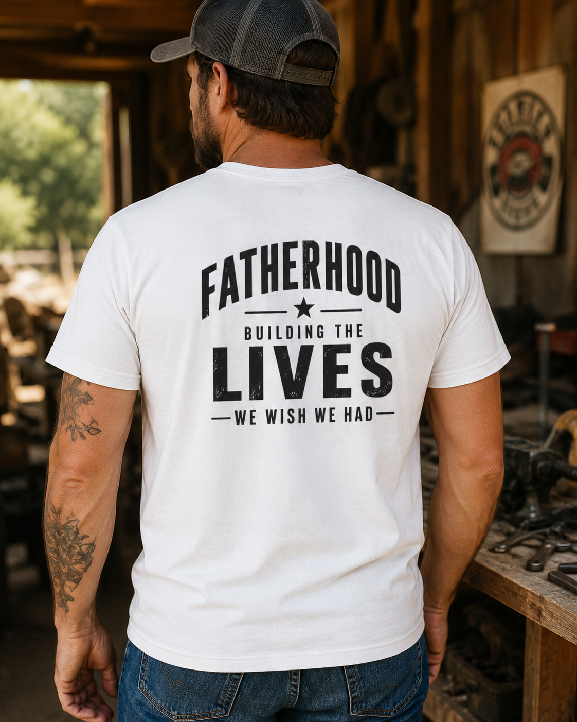 Fatherhood back print shirt with meaningful dad quote, Father’s Day gift tee