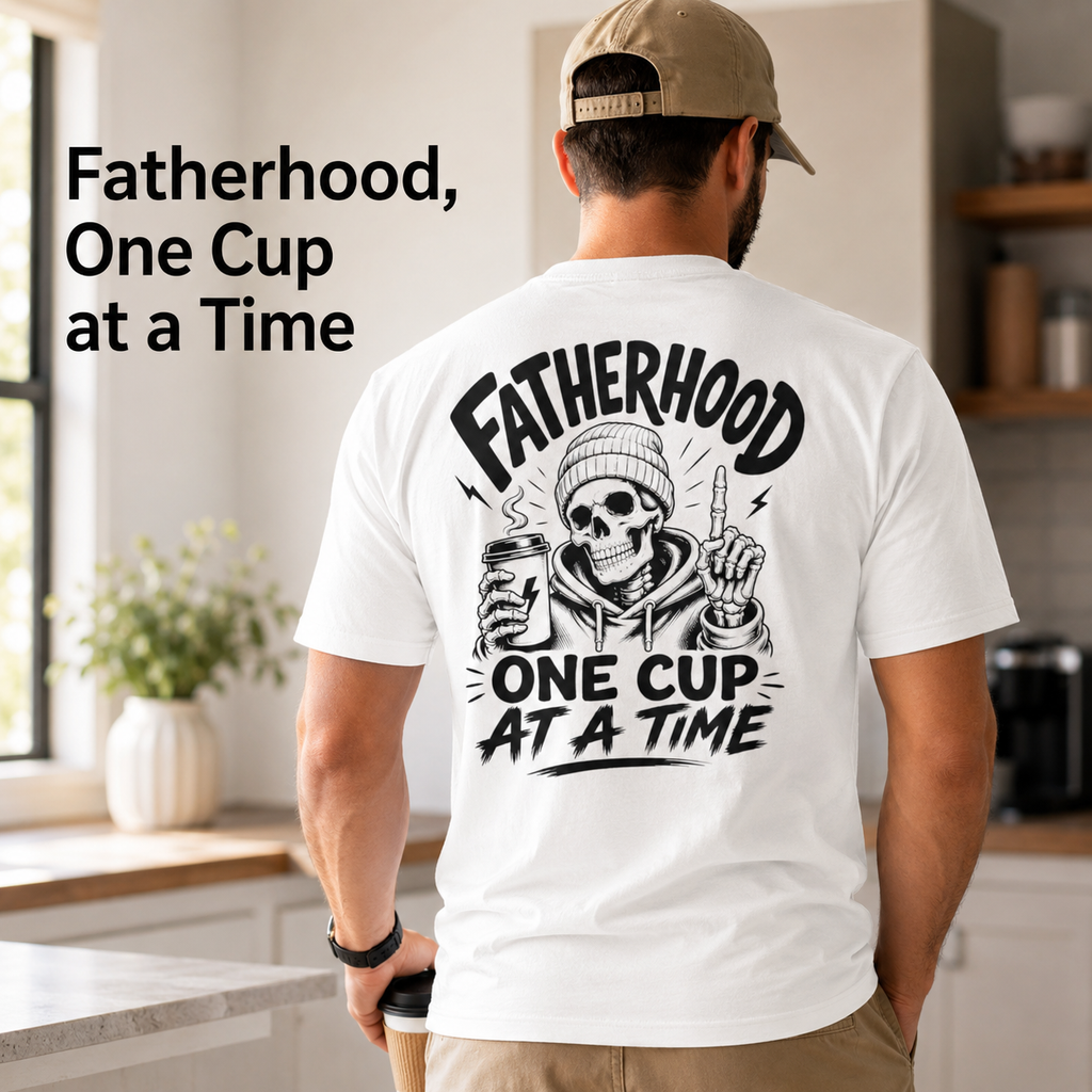Fatherhood One Cup At A Time Back Print Tee With Skeleton Graphic