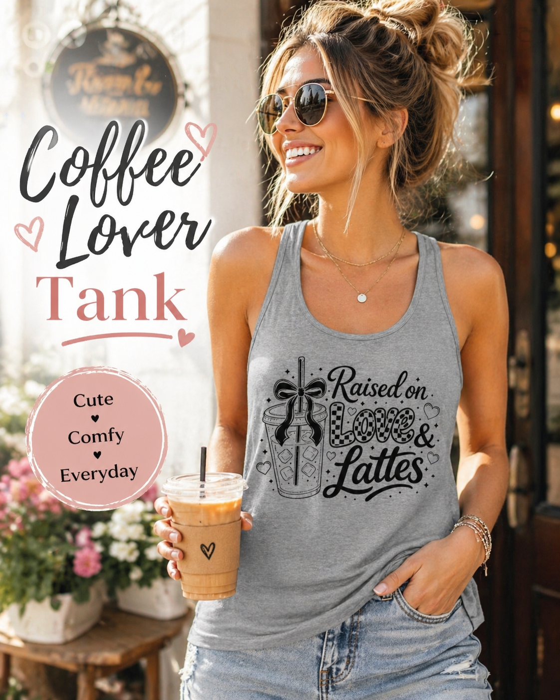 Women's coffee mom crop top lifestyle mockup worn outdoors while holding a drink, featuring a bold front graphic for coffee-loving moms.