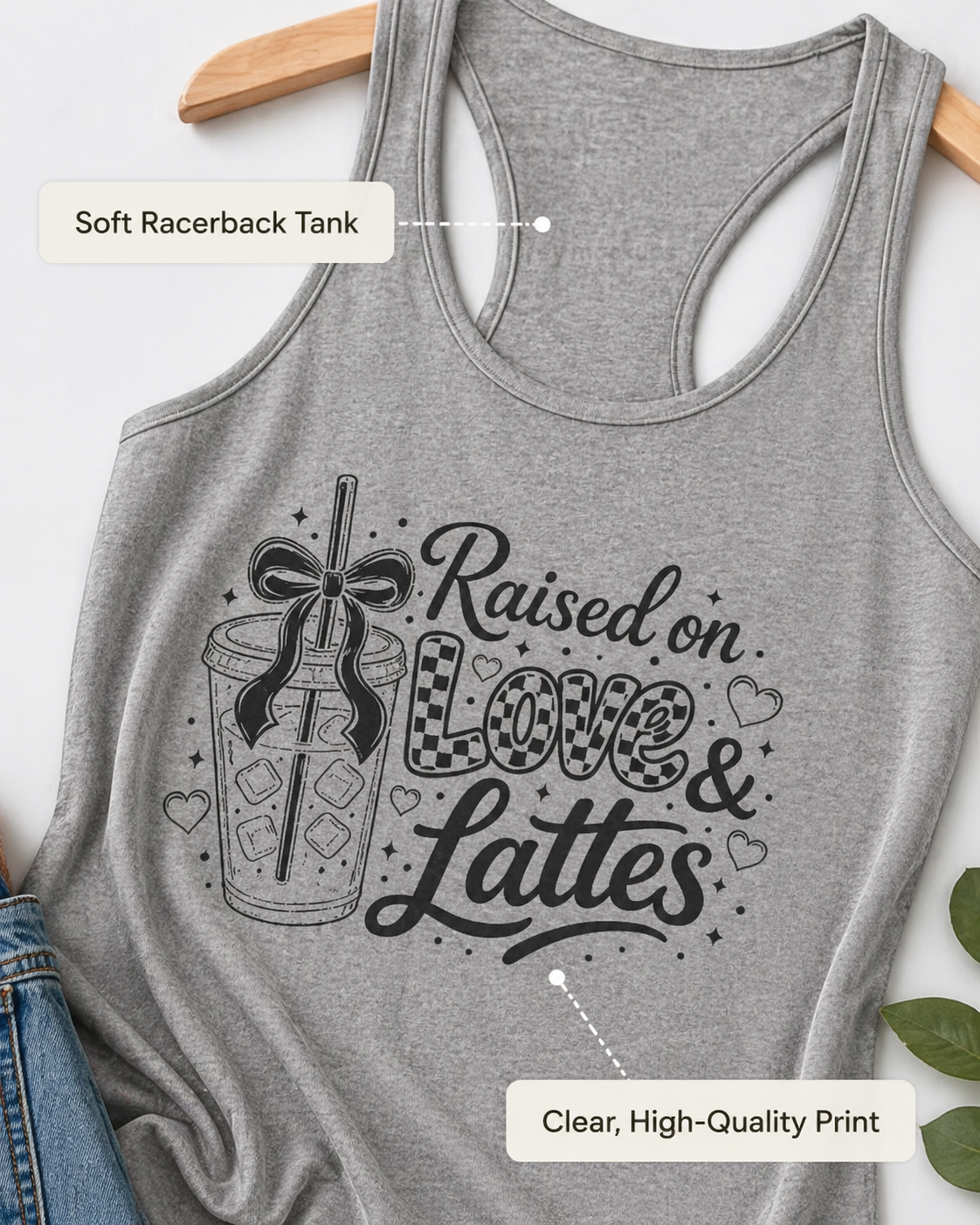 Heather grey women's coffee mom crop top product mockup with Raised on Love and Lattes front graphic for casual mom outfits.