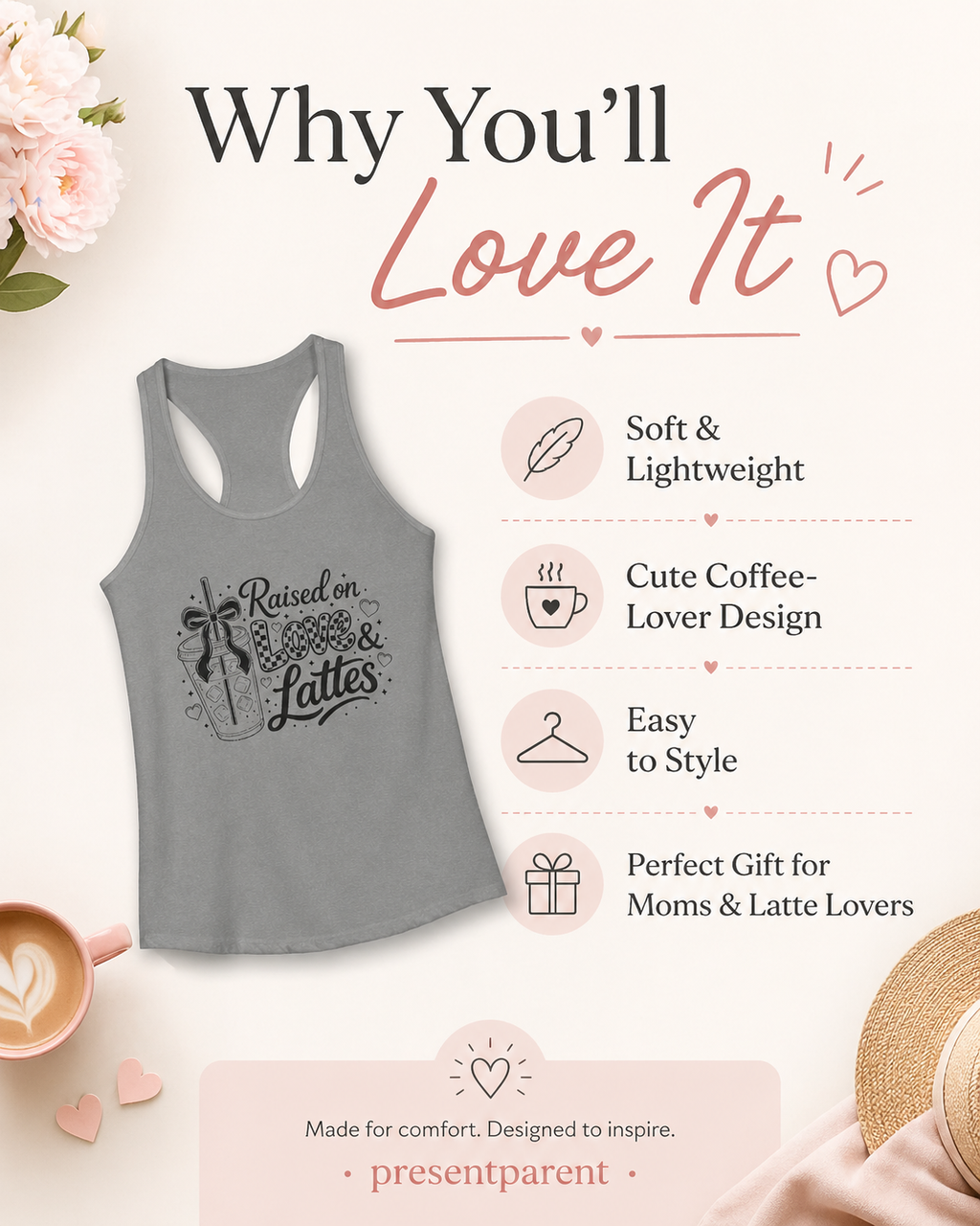 Women's coffee mom crop top feature image with Raised on Love and Lattes front graphic, coffee cups, flowers, and product highlights for casual summer outfits.