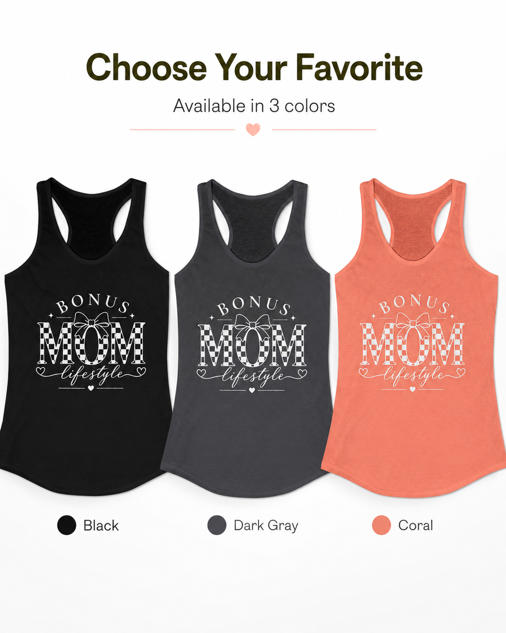 Three tank tops in black, dark gray, and coral with 'Bonus Mom Lifestyle' text.