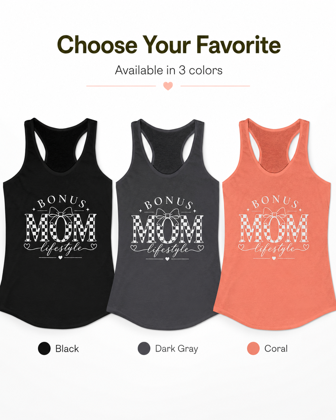 Three tank tops in black, dark gray, and coral with 'Bonus Mom Lifestyle' text.