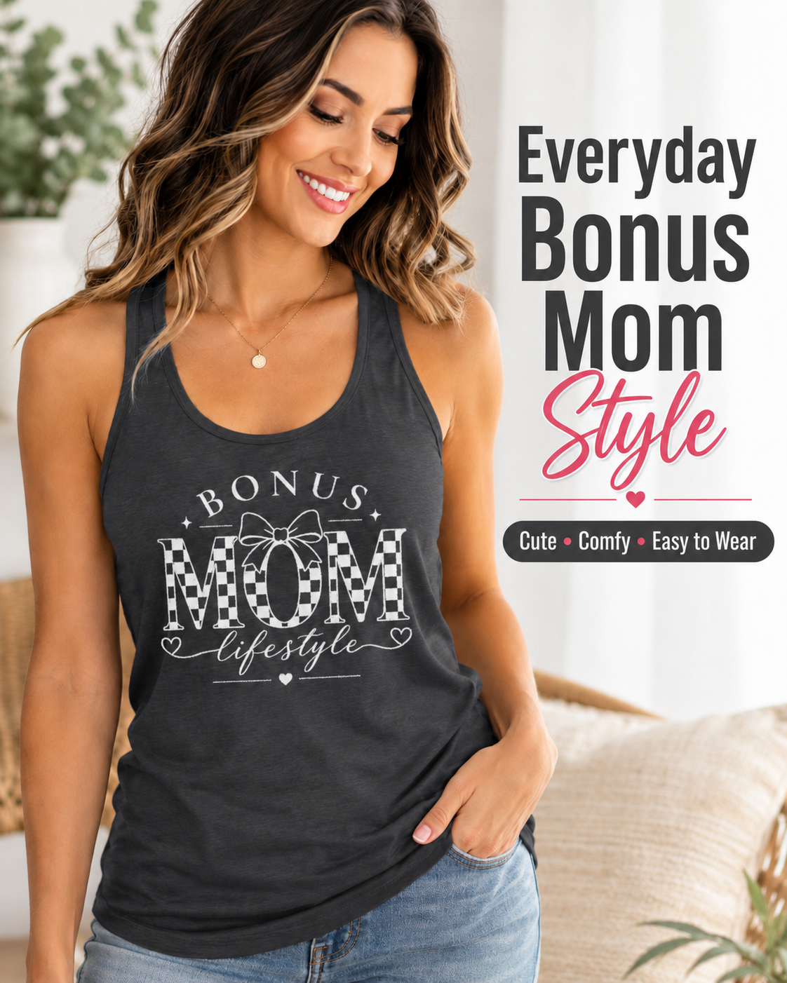 Woman wearing a black tank top with 'Bonus Mom' text, standing indoors.