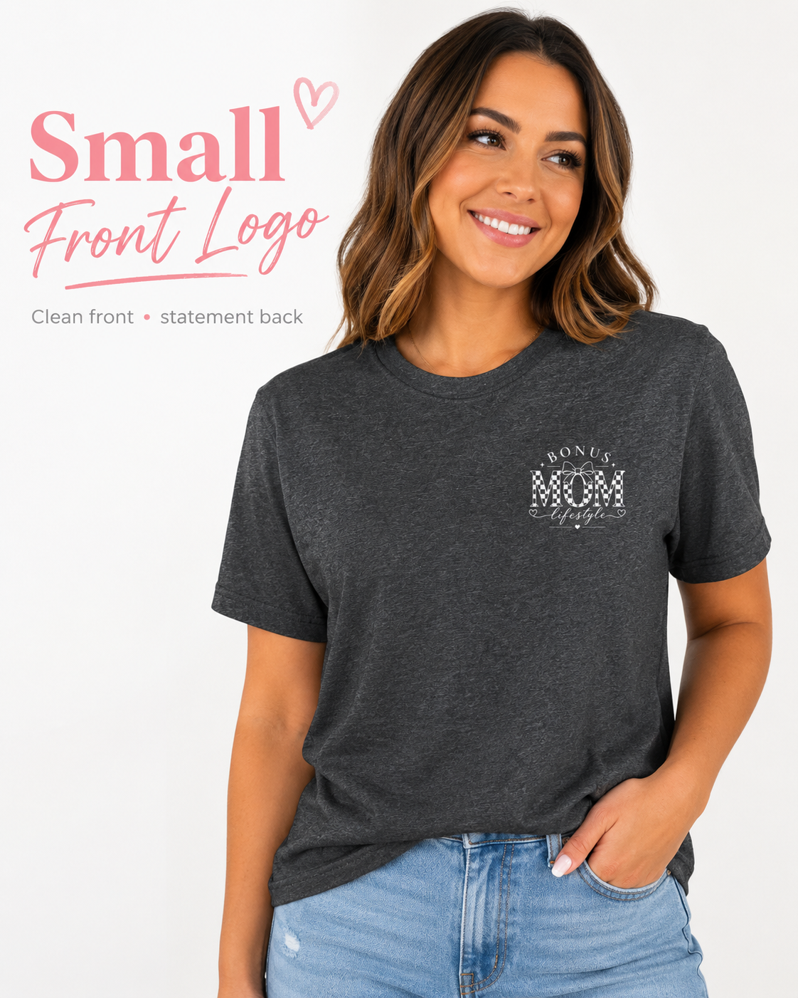 Woman wearing a dark gray t-shirt with 'Bonus Mom' text, standing against a white background.