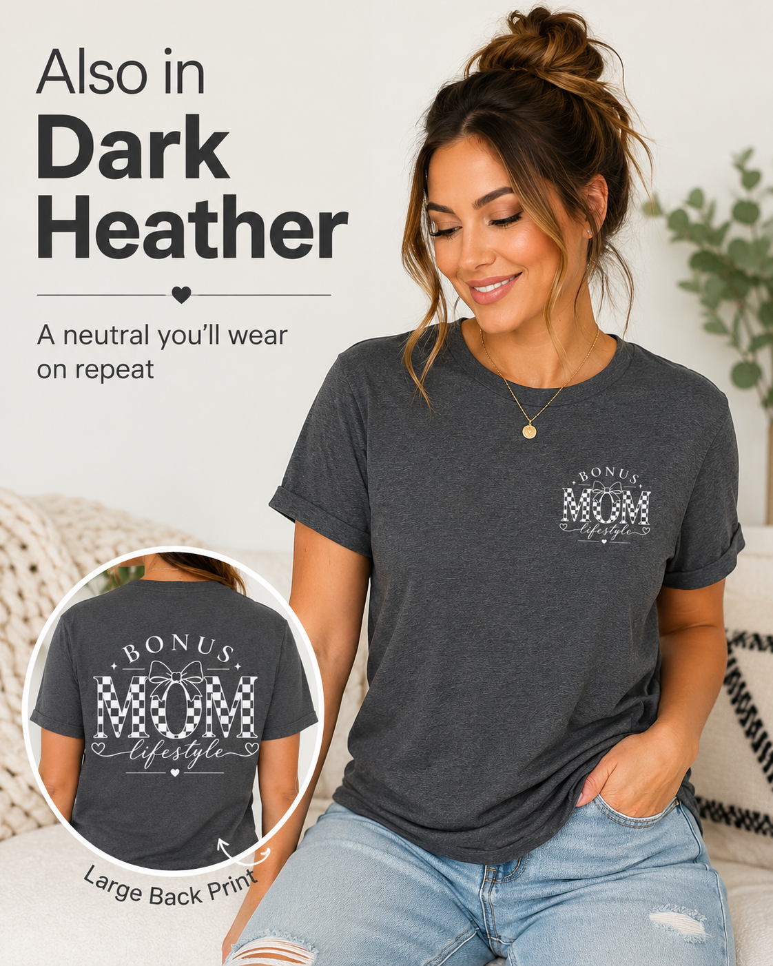 Woman wearing a dark gray t-shirt with 'Bonus Mom' text, sitting on a couch.