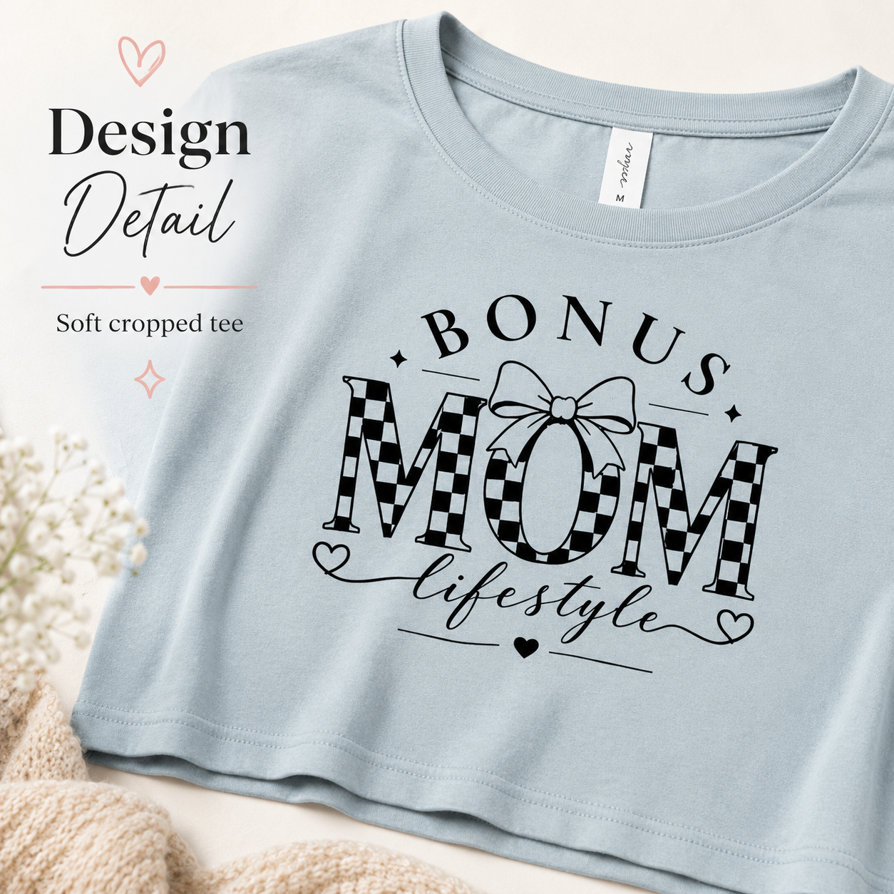 Bonus Mom Lifestyle Crop Top | Checkerboard MOM Graphic Tee