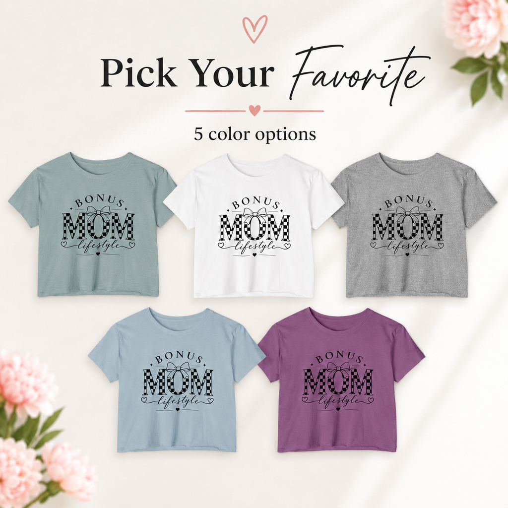 Bonus Mom Lifestyle Crop Top | Checkerboard MOM Graphic Tee