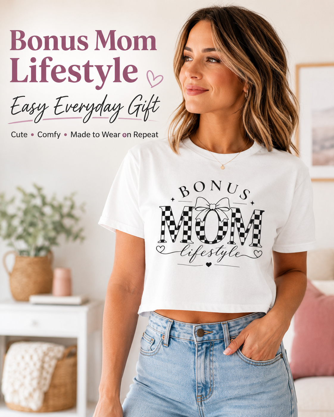 Bonus Mom Lifestyle Crop Top | Checkerboard MOM Graphic Tee