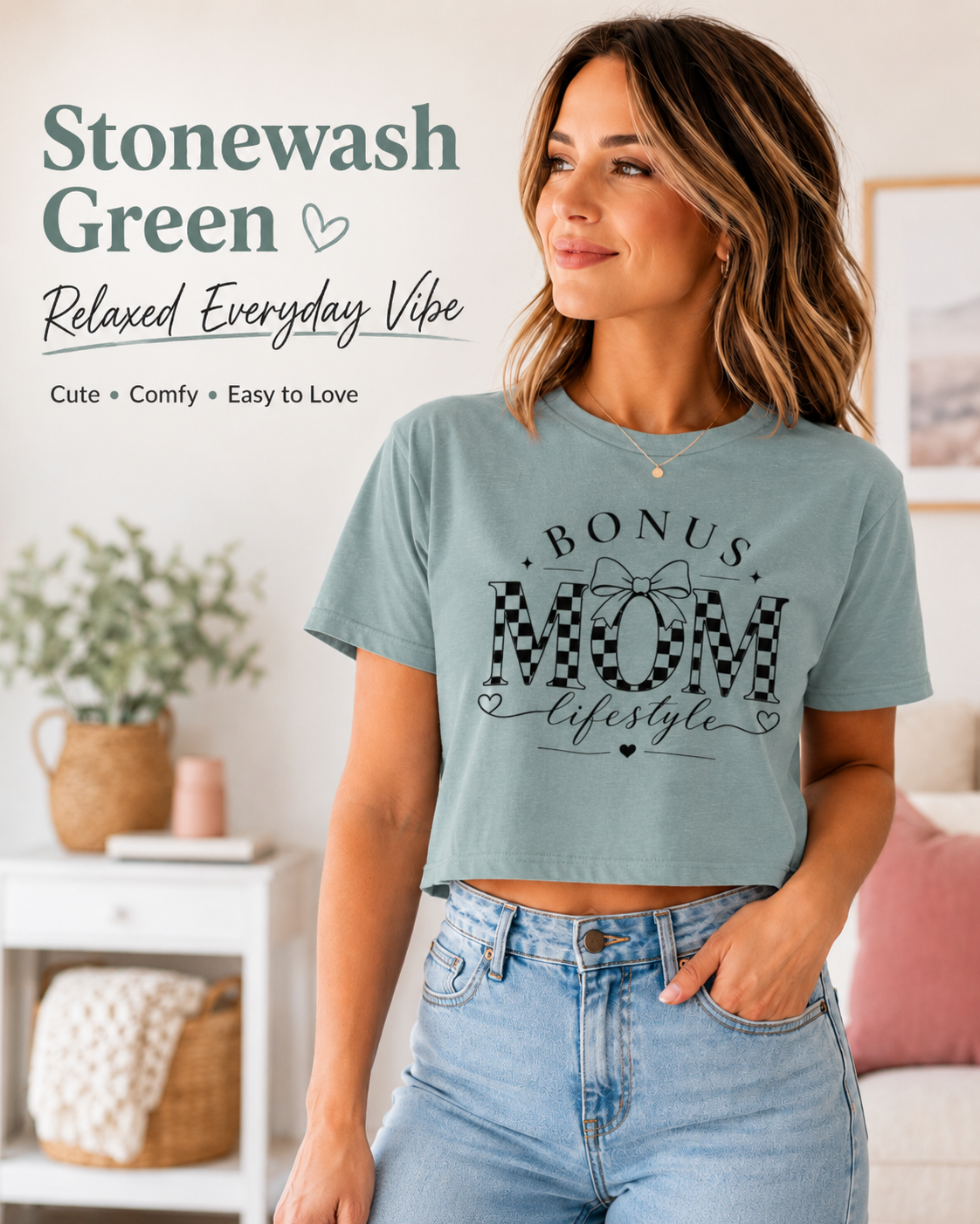 Bonus Mom Lifestyle Crop Top | Checkerboard MOM Graphic Tee