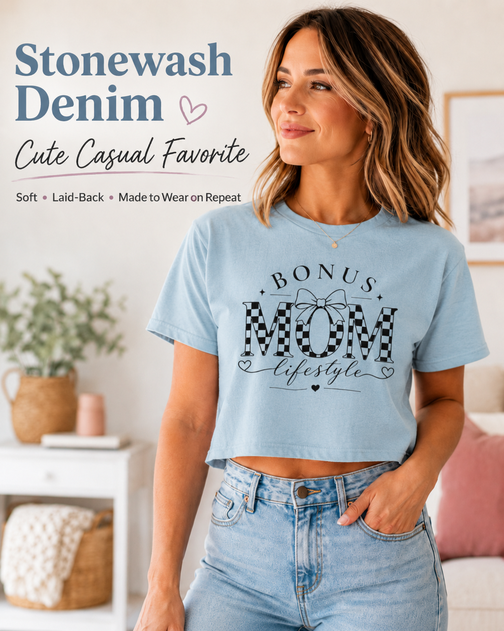 Bonus Mom Lifestyle Crop Top | Checkerboard MOM Graphic Tee