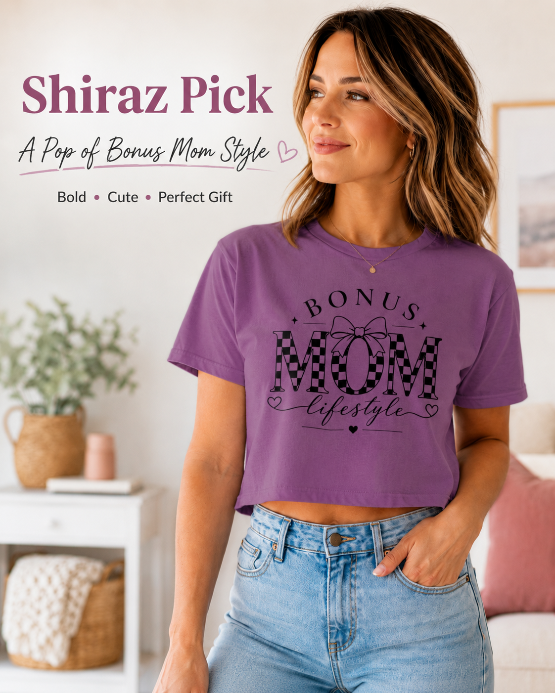 Bonus Mom Lifestyle Crop Top | Checkerboard MOM Graphic Tee