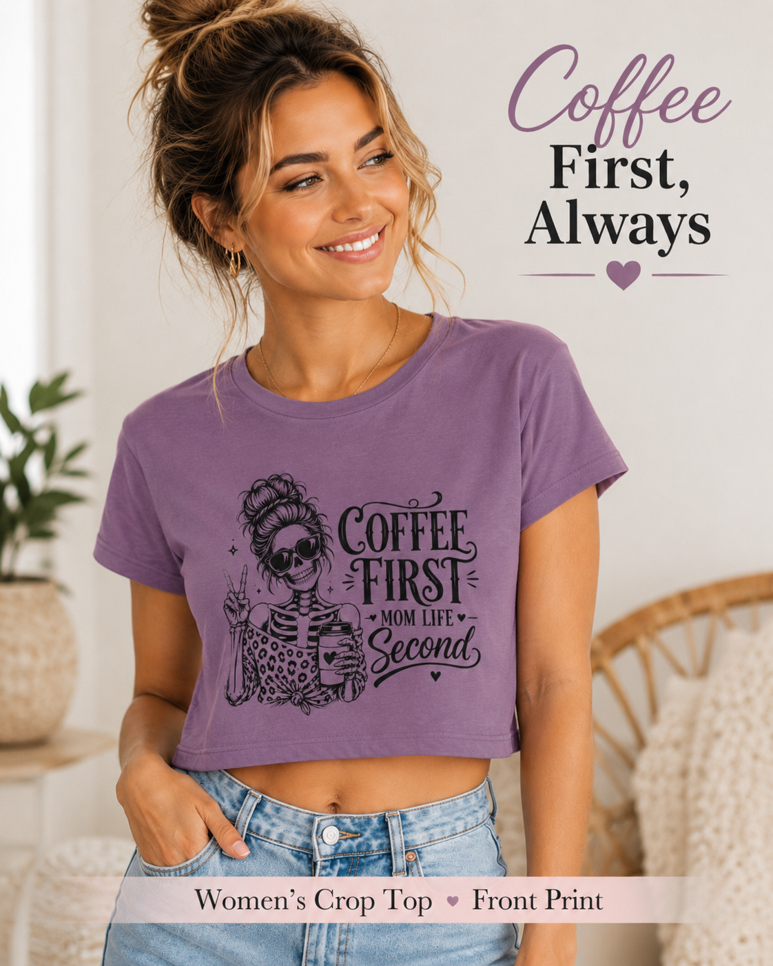 Woman wearing a purple crop top with a skeleton design and text, standing in a casual setting.
