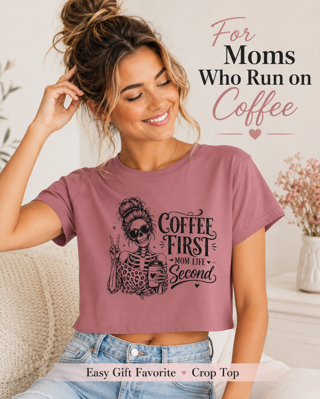 Woman wearing a t-shirt with a skeleton design and text, sitting on a couch.