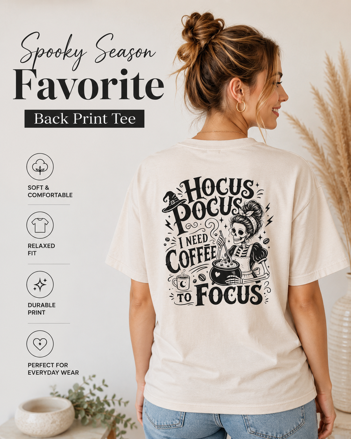 Hocus Pocus I Need Coffee To Focus T-shirt feature image showing the back design, spooky coffee artwork, and shirt details for coffee lovers.