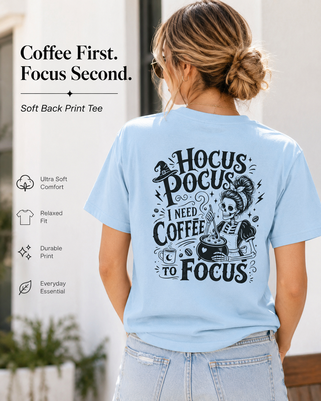 Light blue Hocus Pocus I Need Coffee To Focus T-shirt lifestyle mockup with spooky coffee back print, designed for Halloween and coffee lovers.