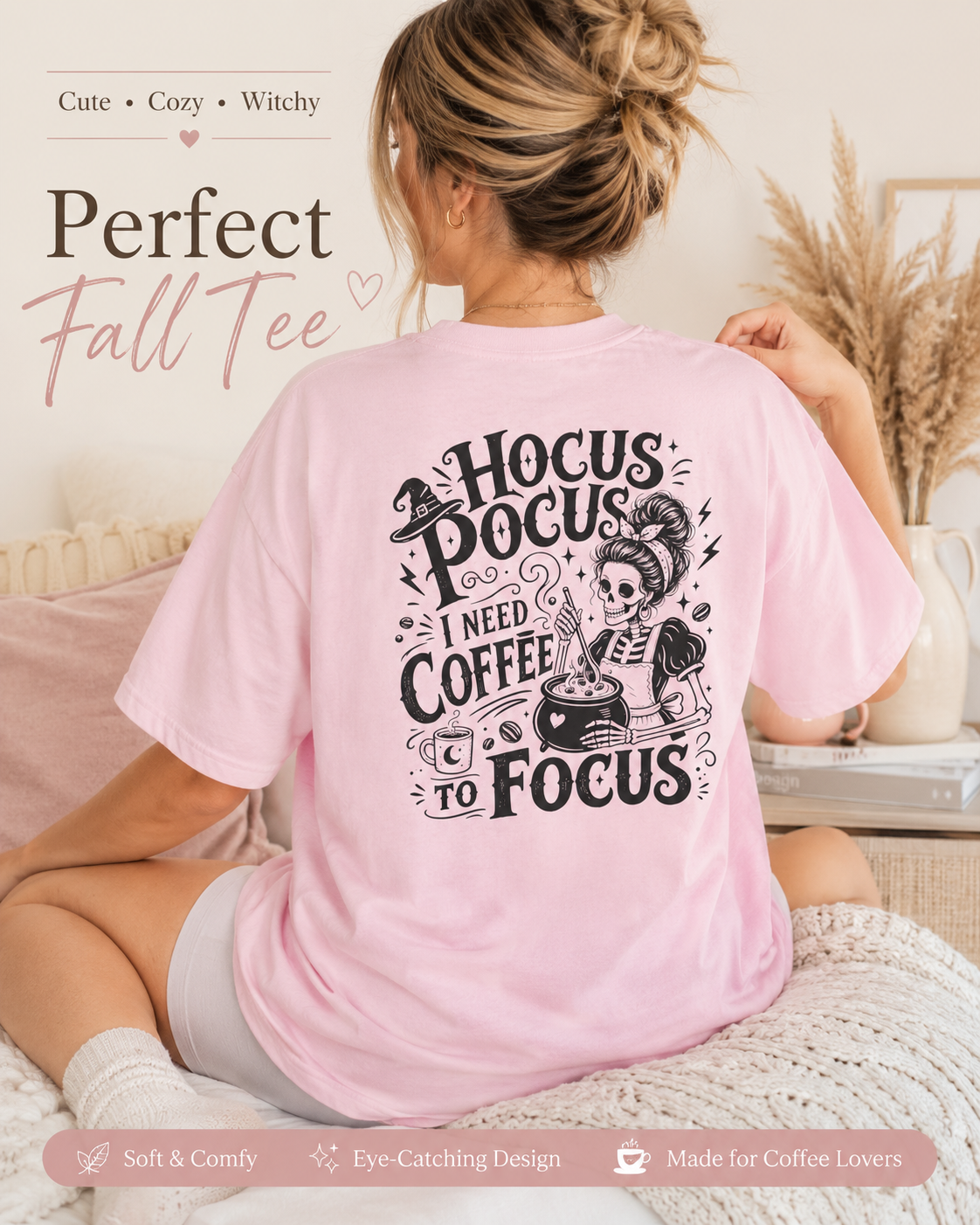 Light pink Hocus Pocus I Need Coffee To Focus T-shirt lifestyle mockup on a couch, featuring a spooky coffee back print for Halloween coffee lovers.