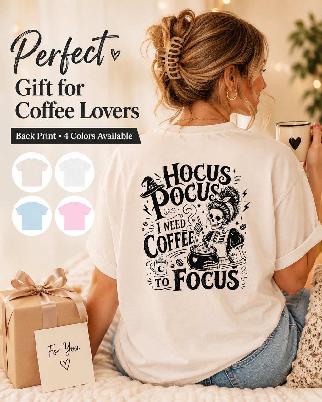 Hocus Pocus I Need Coffee To Focus T-shirt lifestyle photo with coffee cup, featuring the spooky skeleton barista back design for coffee lovers.