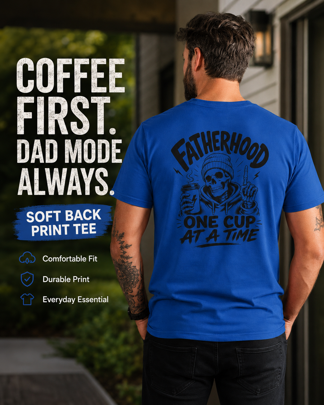Royal blue Coffee Dad T-shirt outdoor lifestyle mockup on a model, featuring the front chest graphic and casual dad coffee themed design.