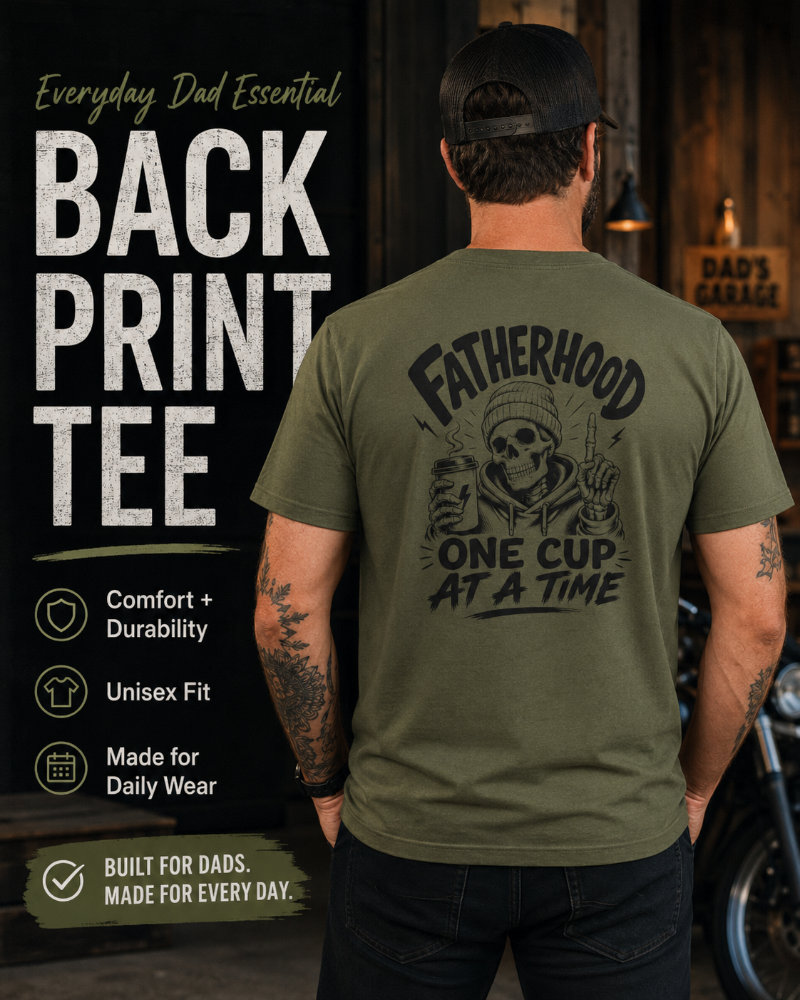 Military green Coffee Dad graphic T-shirt garage mockup with skull holding coffee cup Fatherhood One Cup at a Time back print.