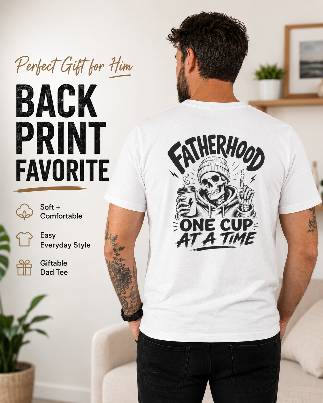 White Men's Coffee Dad graphic T-shirt shown on a model, featuring a skull holding a coffee cup and Fatherhood One Cup at a Time back print.