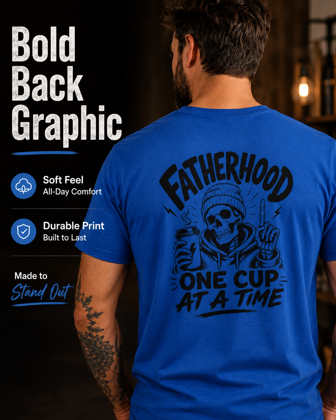 Royal blue Coffee Dad graphic T-shirt shown on a model against a dark background, with a large back print of a skull holding a coffee cup and Fatherhood One Cup at a Time text.