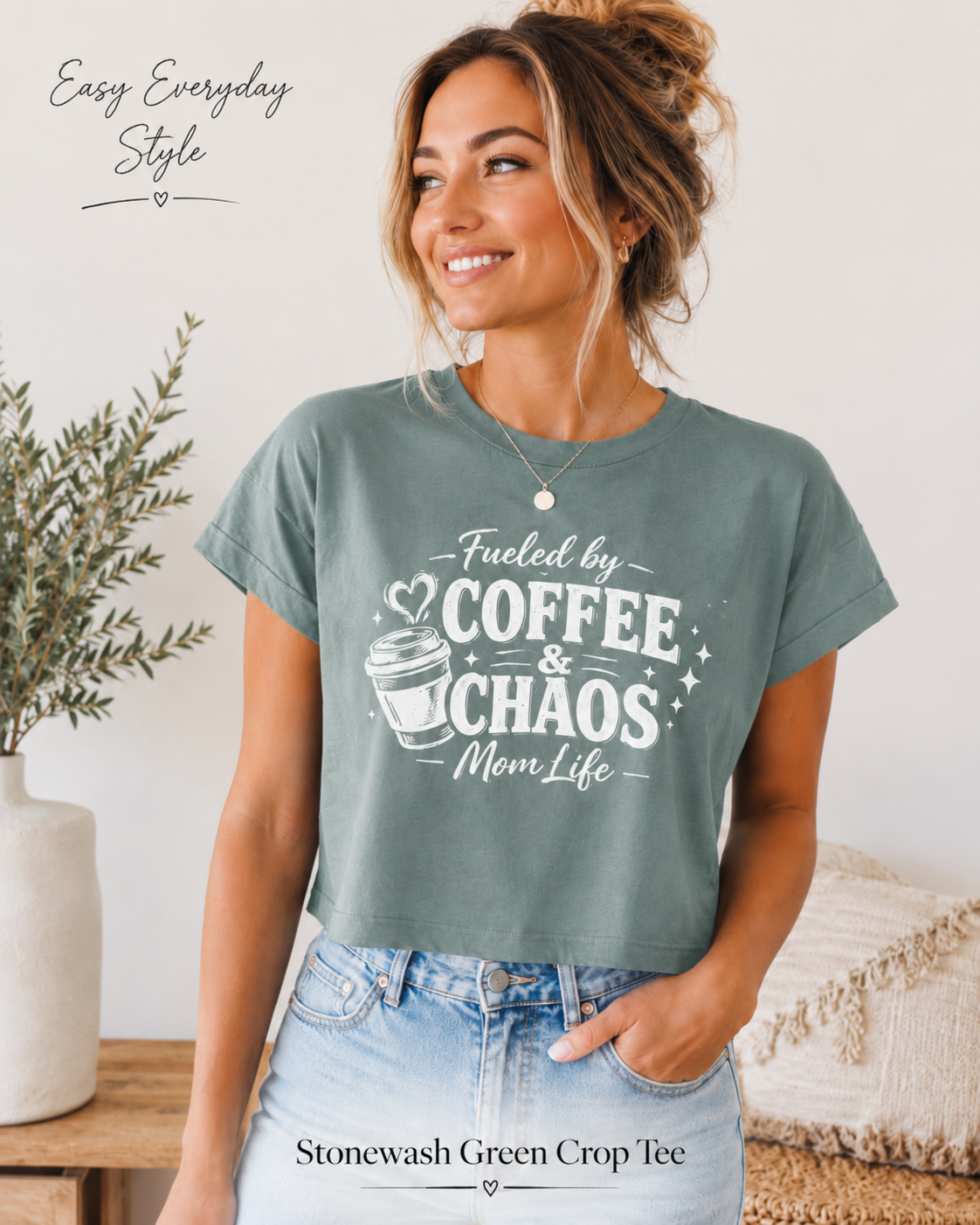 Funny coffee mom crop top with Fueled by Coffee and Chaos Mom Life front design