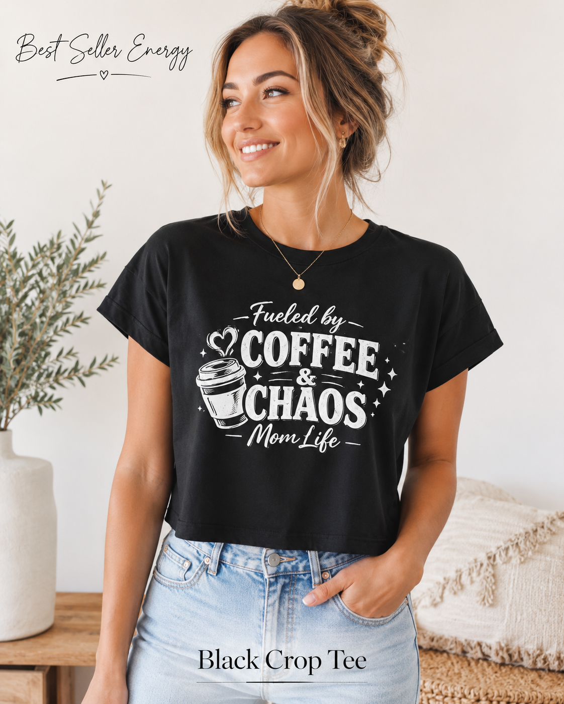 Relaxed mom life crop top with scoop neckline raw hems and coffee chaos design