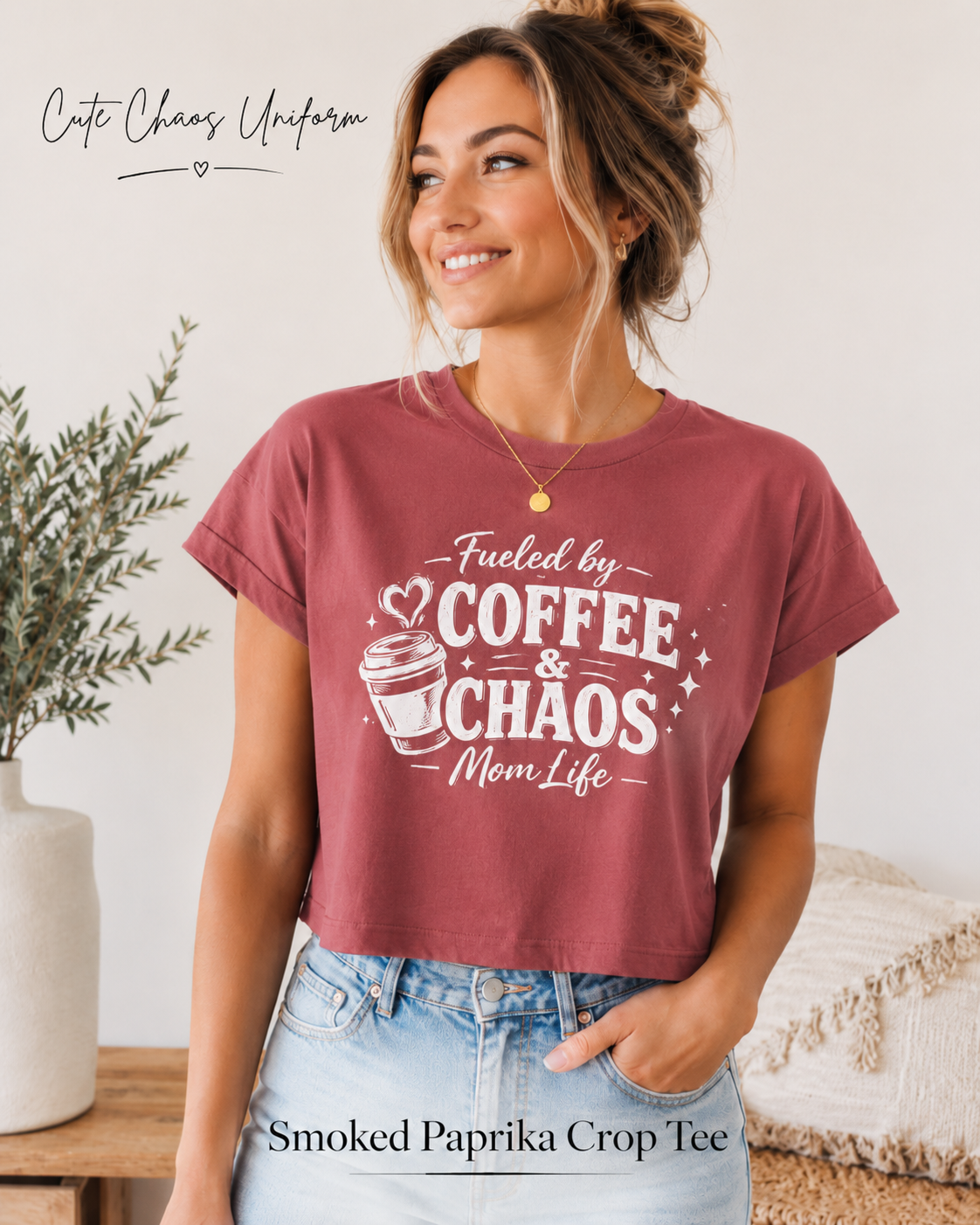 Summer mom outfit crop top with funny coffee and chaos front graphic