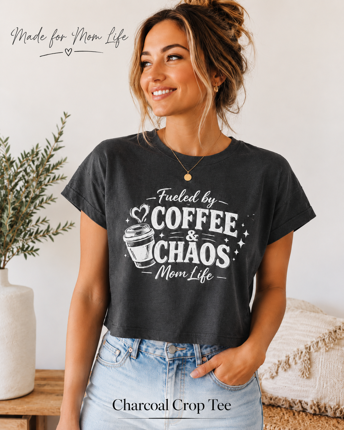 Coffee and Chaos Mom Life Crop Top color style mockup for everyday casual wear